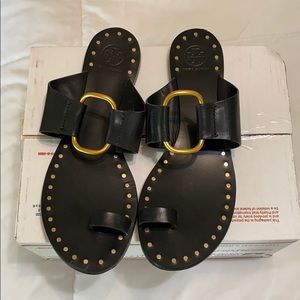 Tory Burch black leather sandals with gold detail